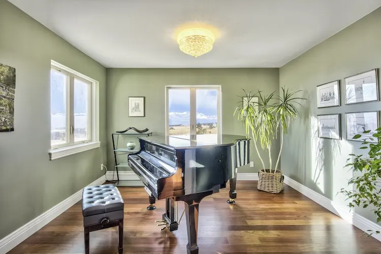 interior green painted room with piano